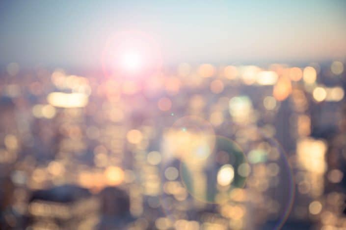 Defocused blur across urban buildings in New York City